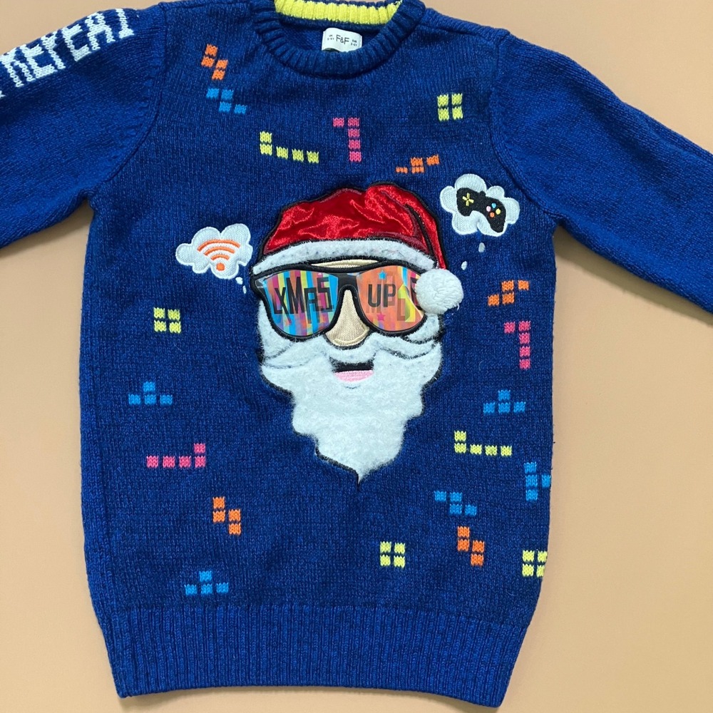 F&F Boys Christmas Sweater‎ Level Up Santa Gaming Gamer Video Games Blue 5-6Y